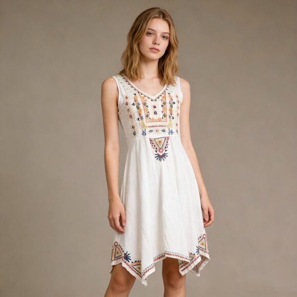 NWOT Johnny Was Floral Embroidery Flowers Irregular White Midi Dress Size S